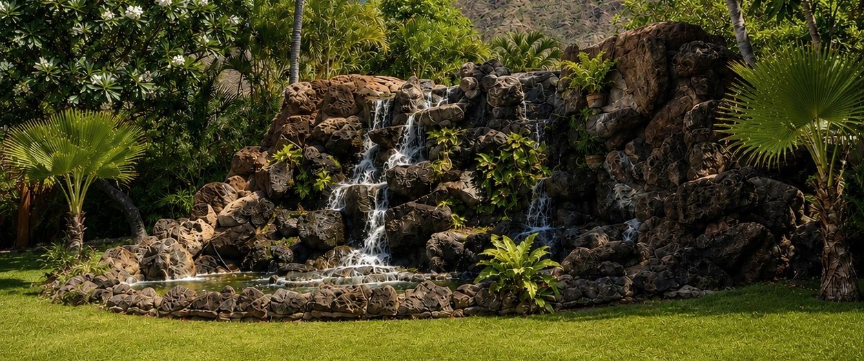 The gardens at Waikiki Leia — a waterfall and lawn at the foot of Diamond Head