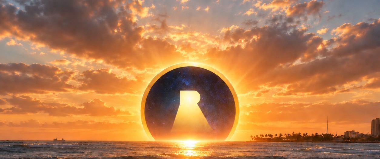 Sunset over the ocean at Magic Island, the Realize ring resting on the horizon